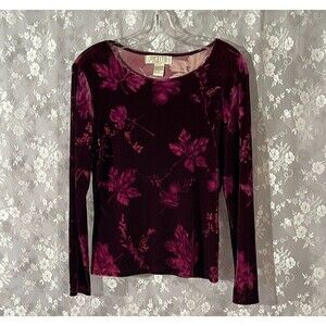 Vintage Y2K Burgundy Velvet Burnout Floral Top Size Small Long Sleeve Whimsygoth